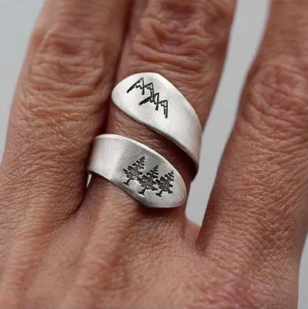 New silver mountains and trees nature adjustable spoon ring wrap ring.
